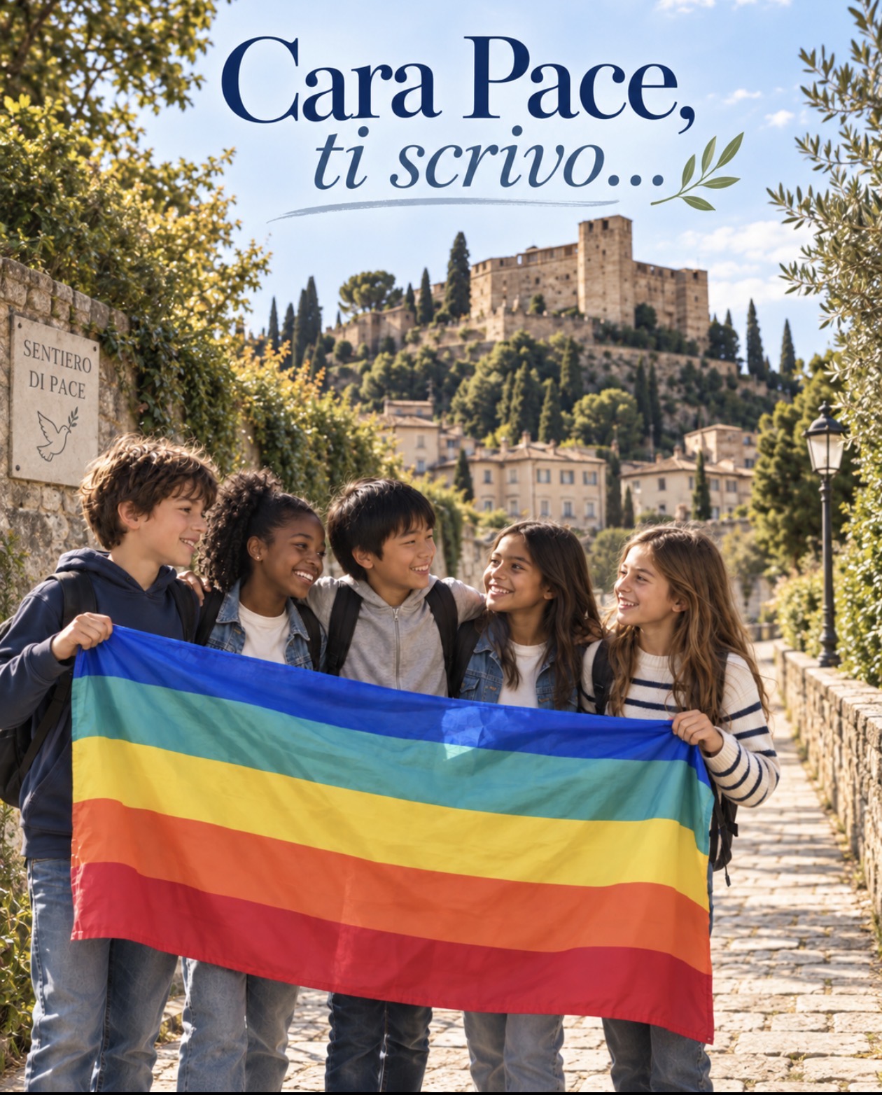 Bambini e ragazzi sorridono con la bandiera della pace sul Sentiero di Pace, sotto la scritta Cara Pace, ti scrivo…